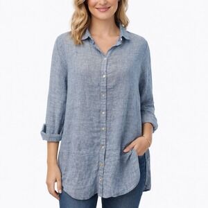 Tahari Essentials Womens Blue 100% Linen Button Down Tunic Shirt Size M RN75343